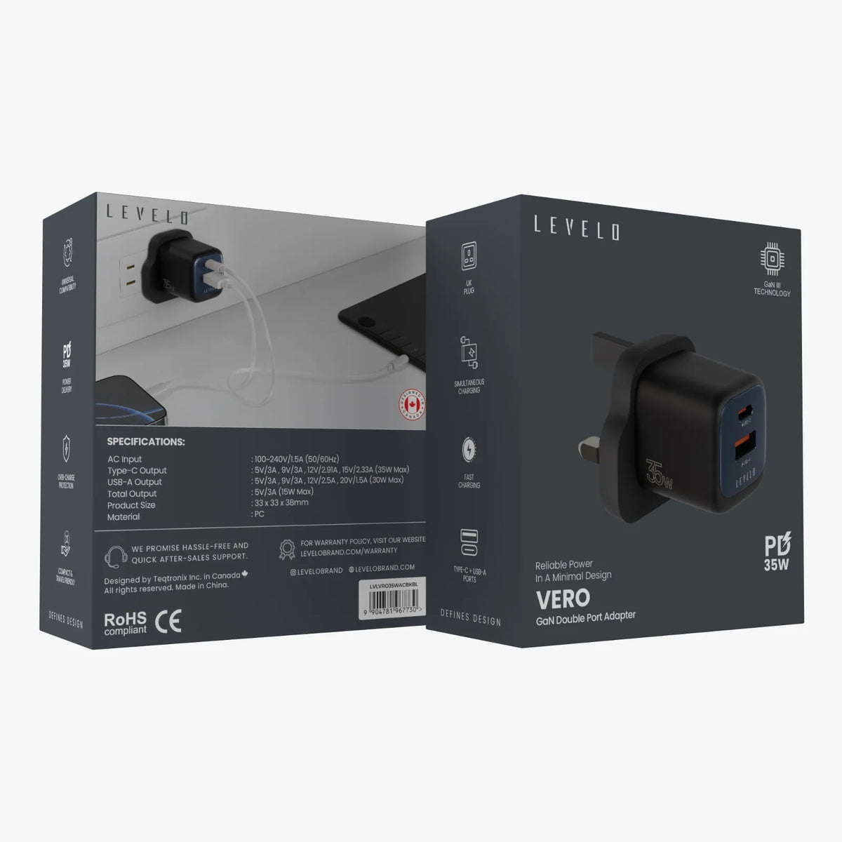 شاحن ليفيلو Vero ‏GaN بقدرة 35 واط ومنفذي USB-C وUSB-A – قابس UK – تفاصيل المنتج والعبوة