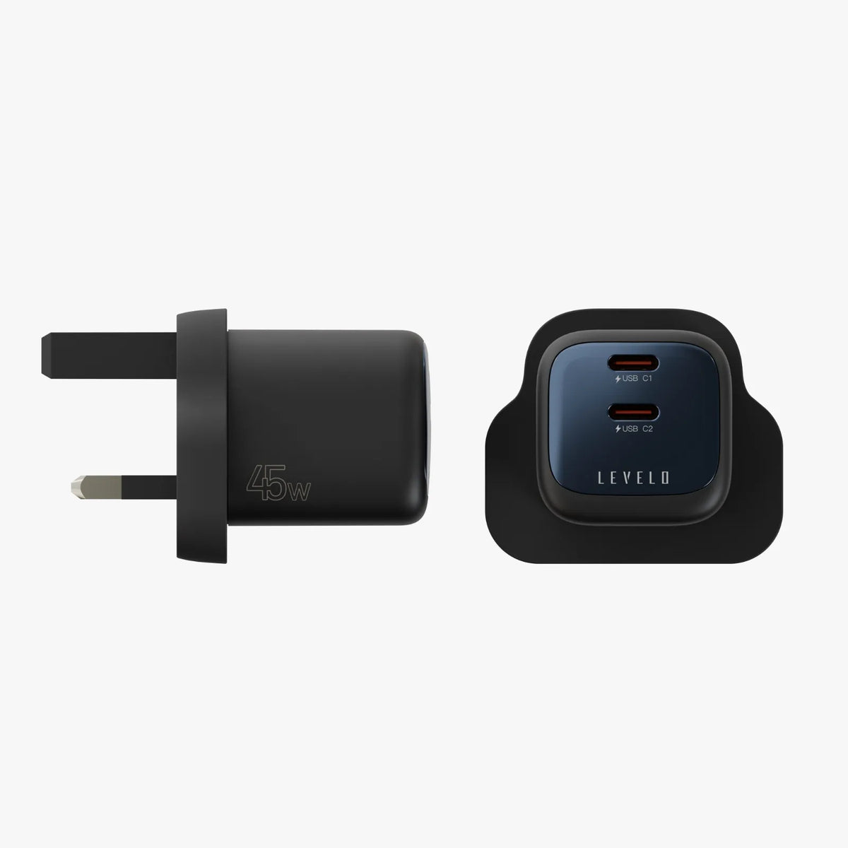 شاحن ليفيلو Vero ‏GaN بقدرة 45 واط ومنفذي USB-C – قابس UK – تفاصيل المنتج والعبوة