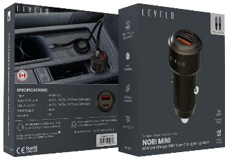 شاحن سيارة ليفيلو Nori Mini بمنفذين وإجمالي 60 واط مع كابل USB-C إلى Lightning – تفاصيل المنتج والعبوة