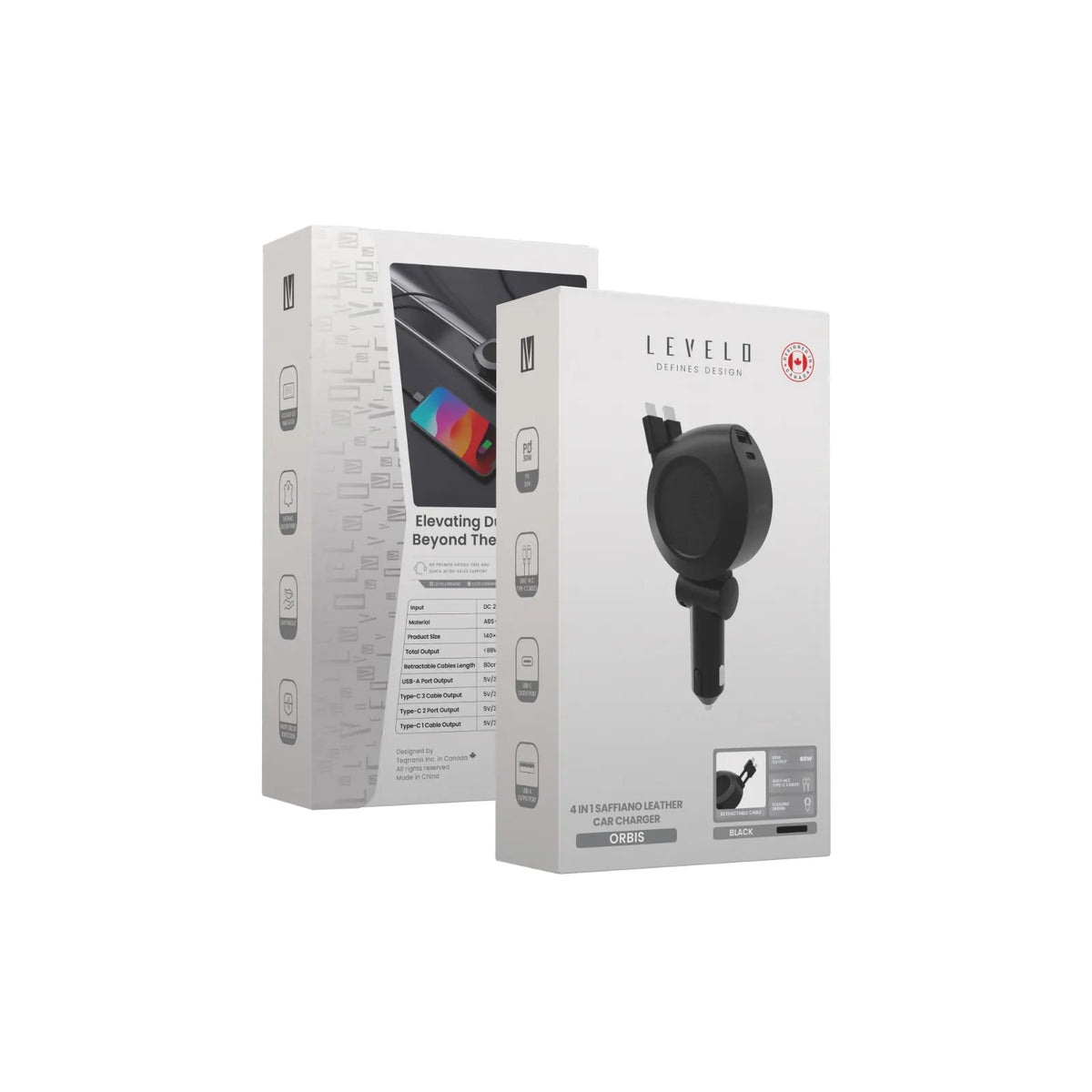شاحن سيارة ليفيلو Orbis ‏4 في 1 بكابلي USB-C قابلين للسحب – أسود – تفاصيل المنتج والعبوة
