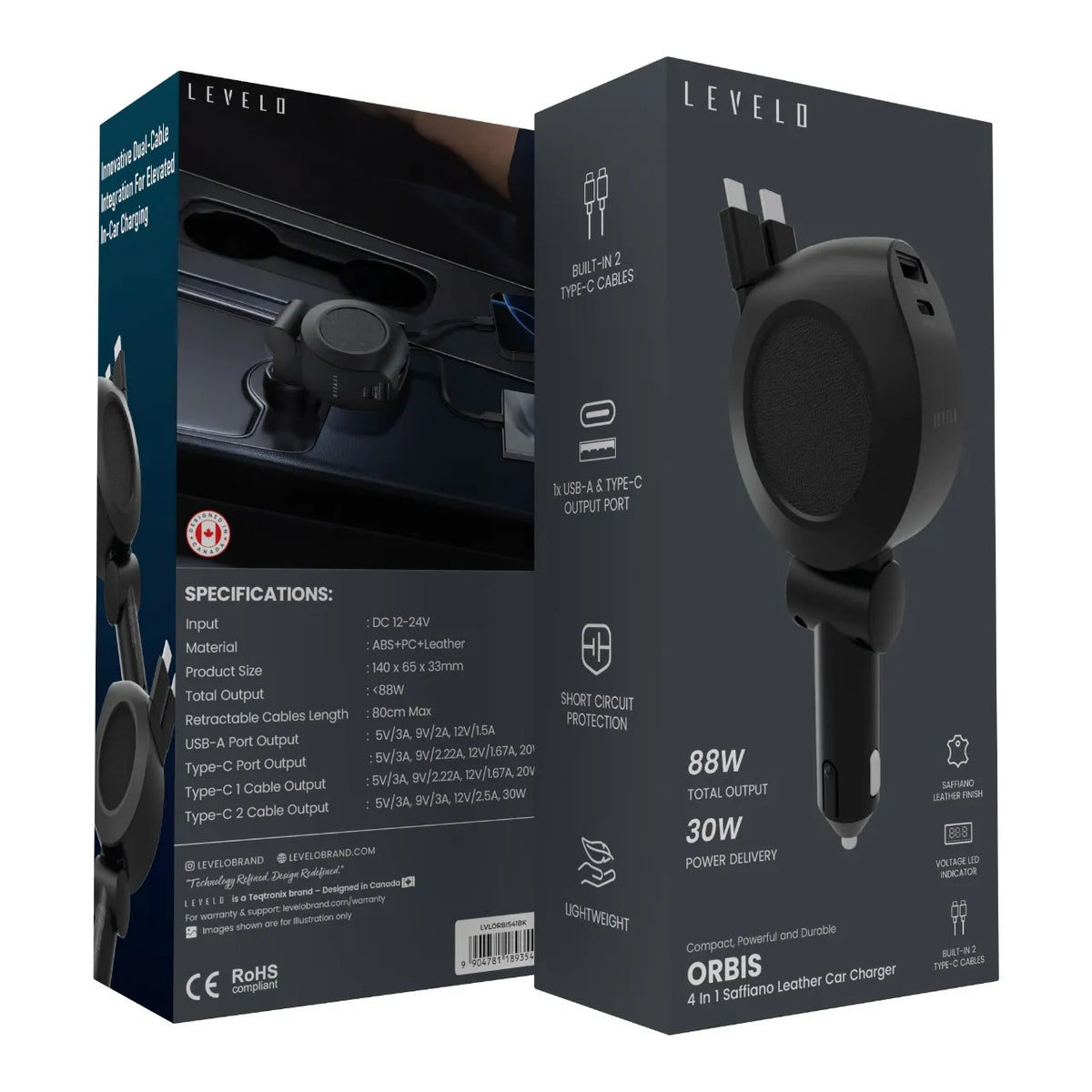 شاحن سيارة ليفيلو Orbis ‏4 في 1 بكابلي USB-C قابلين للسحب – أسود – تفاصيل المنتج والعبوة