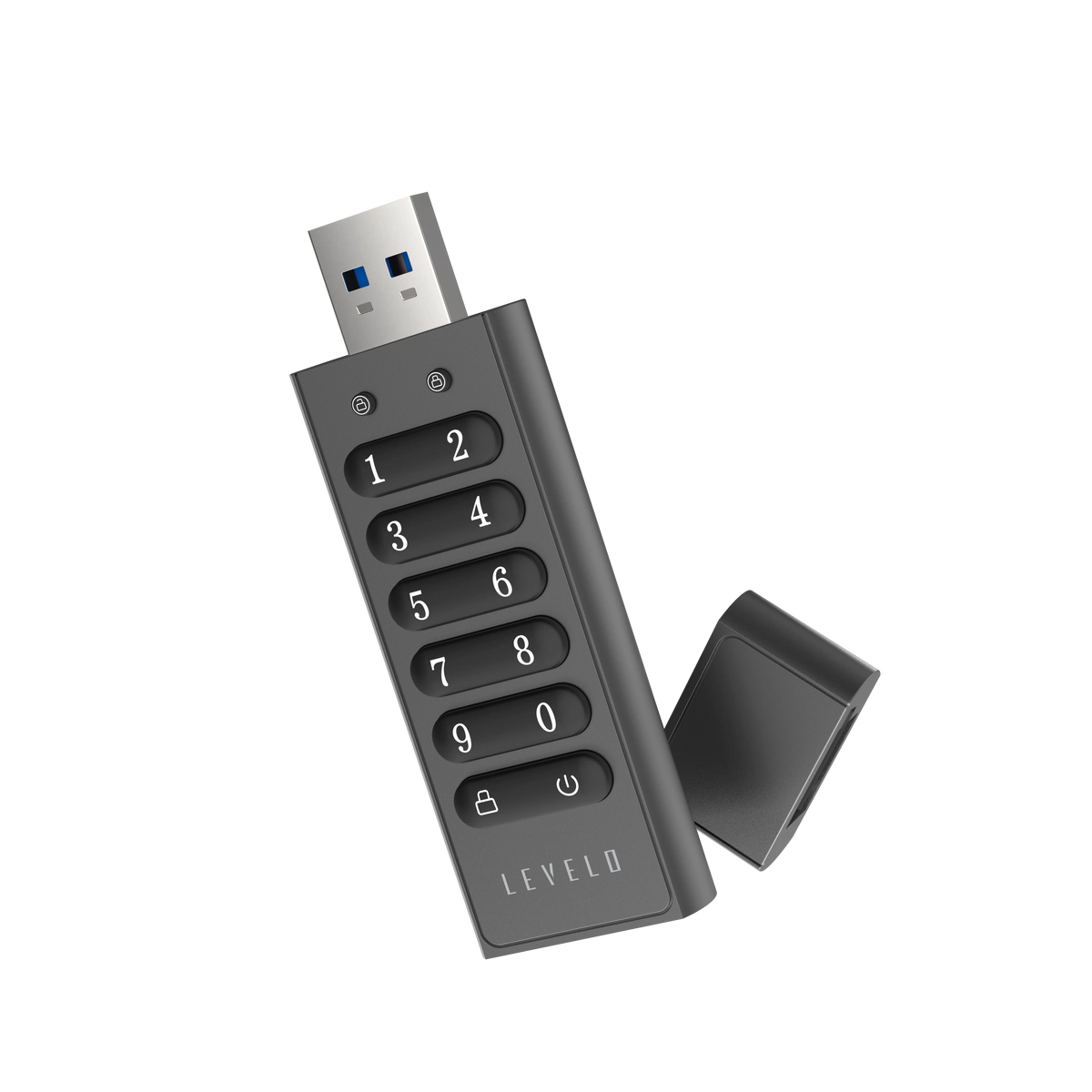 ذاكرة USB ليفيلو Lockvault المشفّرة بسعة 128 جيجابايت ولوحة أرقام – تفاصيل المنتج والعبوة