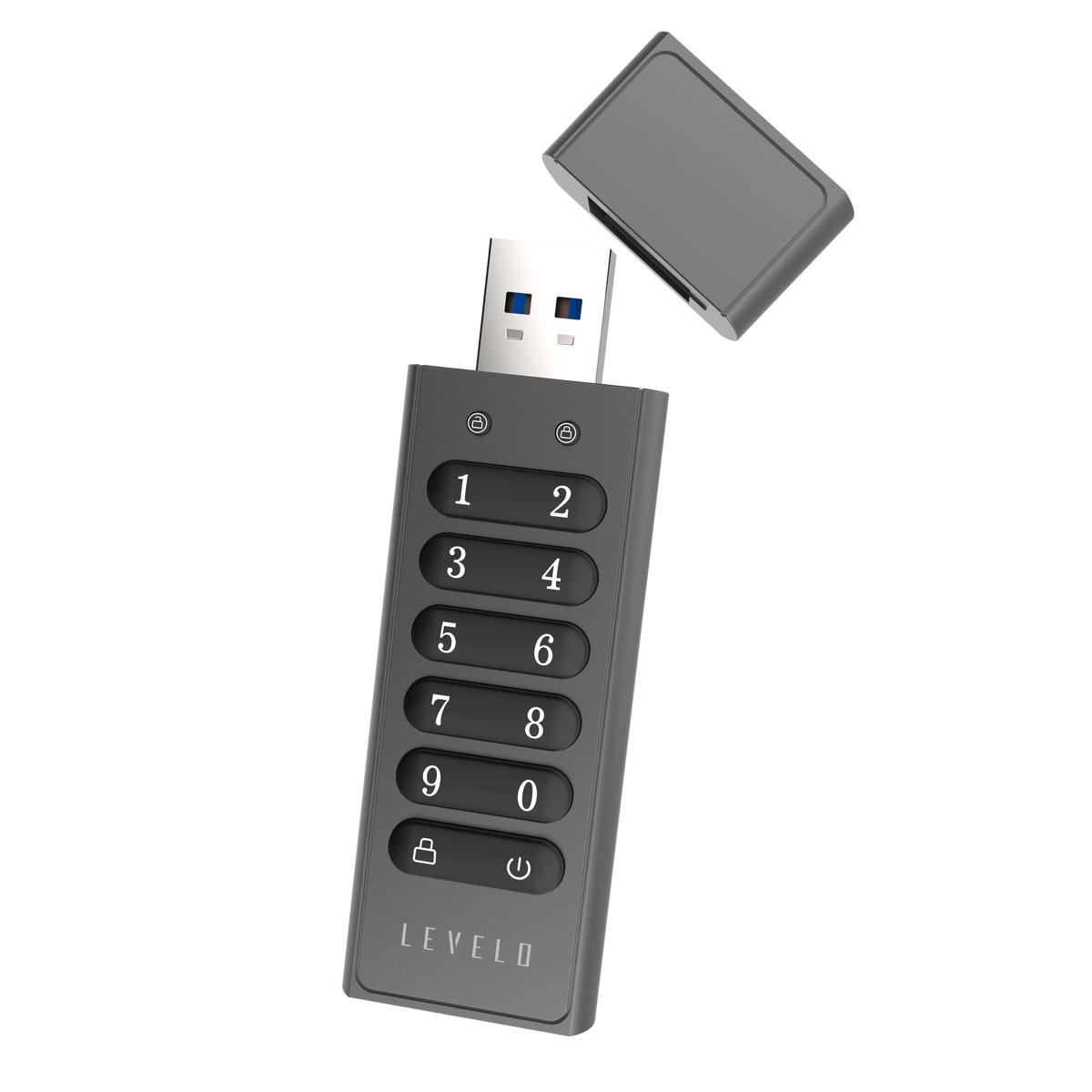 ذاكرة USB ليفيلو Lockvault المشفّرة بسعة 128 جيجابايت ولوحة أرقام – تفاصيل المنتج والعبوة