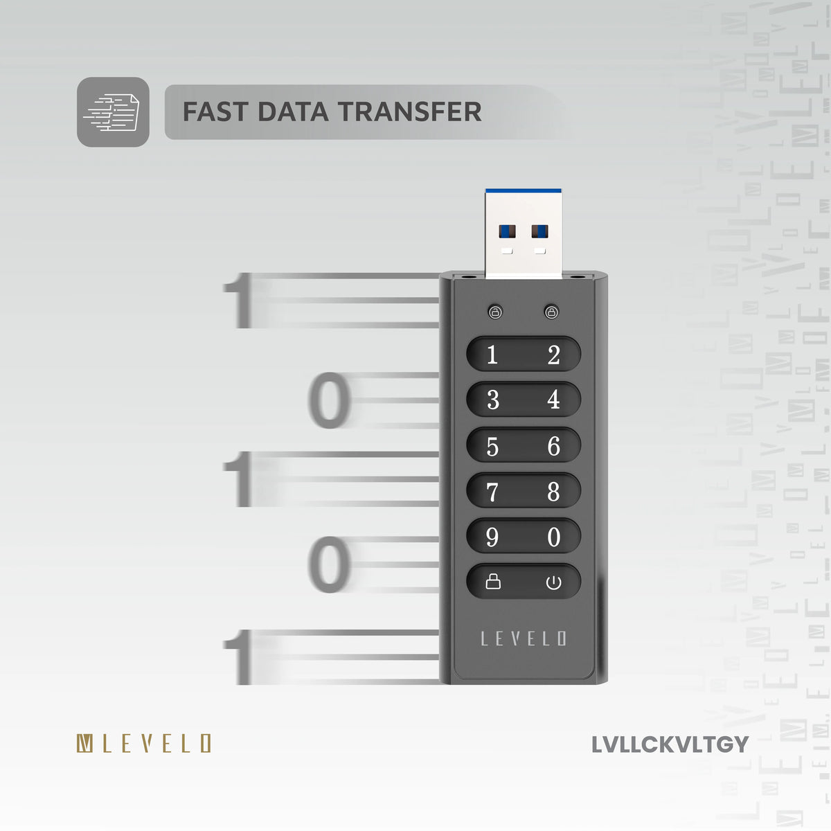 ذاكرة USB ليفيلو Lockvault المشفّرة بسعة 128 جيجابايت ولوحة أرقام – تفاصيل المنتج والعبوة