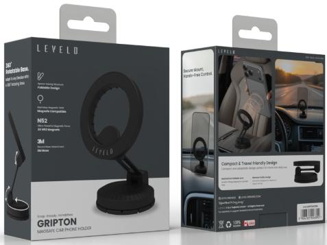 حامل هاتف سيارة ليفيلو Gripton قابل للطي ومتوافق مع MagSafe – أسود أونيكس – تفاصيل المنتج والعبوة