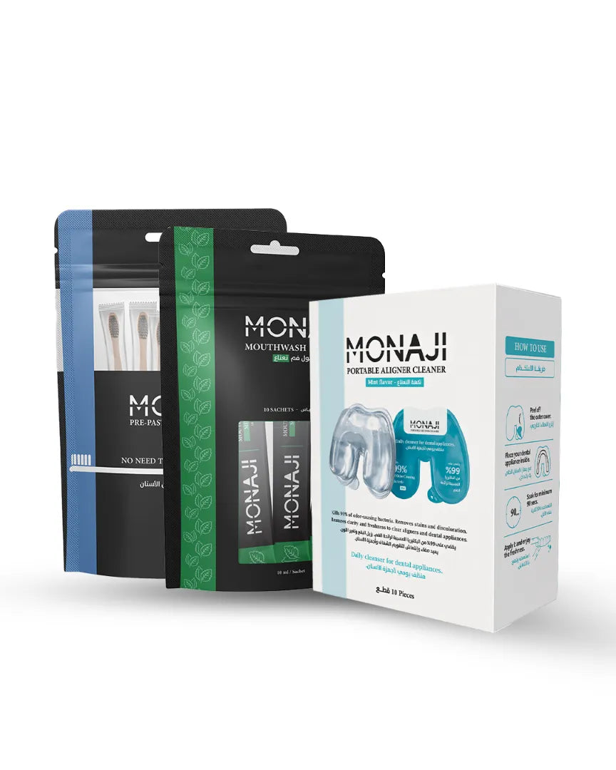مجموعة البداية من Monaji - فرشاة + غسول فم + منظف أجهزة سنية | Monaji Starter Kit – Brush + Mouthwash + Aligner Cleaner