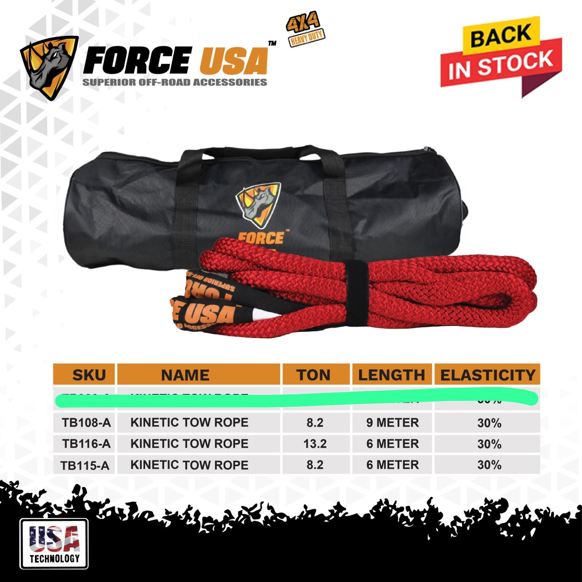 حبل سحب حركي شديد التحمل 8.2 طن بطول 9 متر - أحمر | FORCE USA KINETIC TOW ROPE RED HEAVY DUTY 8.2T 9M