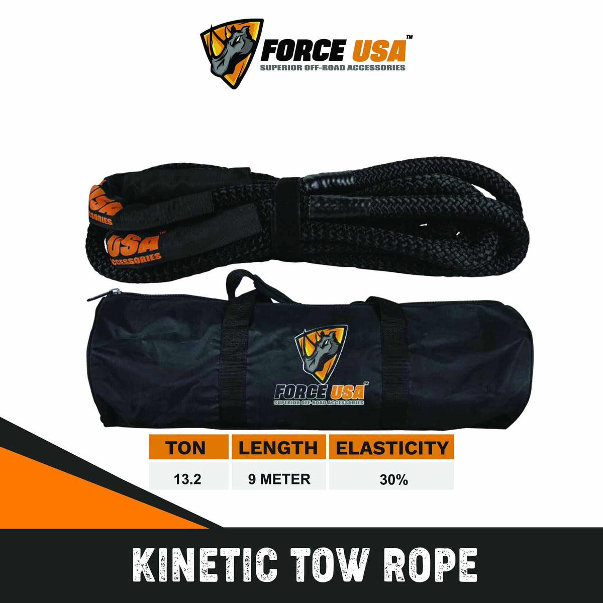 حبل سحب حركي شديد التحمل 13.2 طن بطول 6 متر - أسود | FORCE USA KINETIC TOW ROPE BLK HEAVY DUTY 13.2T 6M