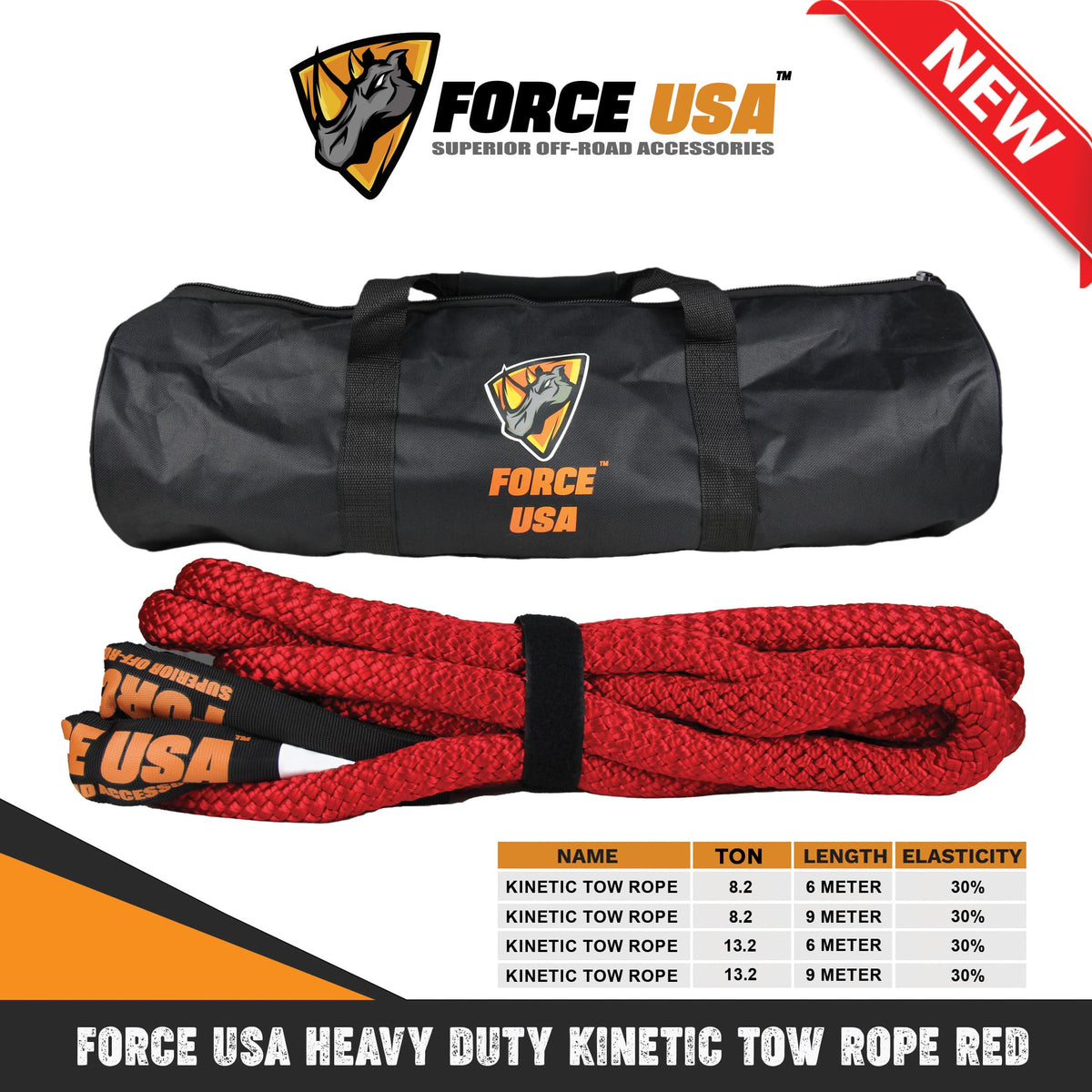 حبل سحب حركي شديد التحمل 13.2 طن بطول 6 متر - أحمر | FORCE USA KINETIC TOW ROPE RED HEAVY DUTY 13.2T 6M