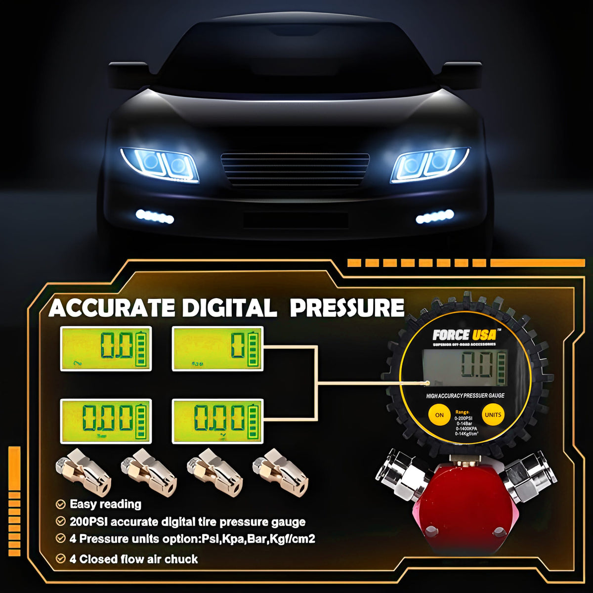 مقياس ضغط مع خرطوم رباعي | FORCE USA PRESSURE GAUGE WITH 4 WAY HOSE
