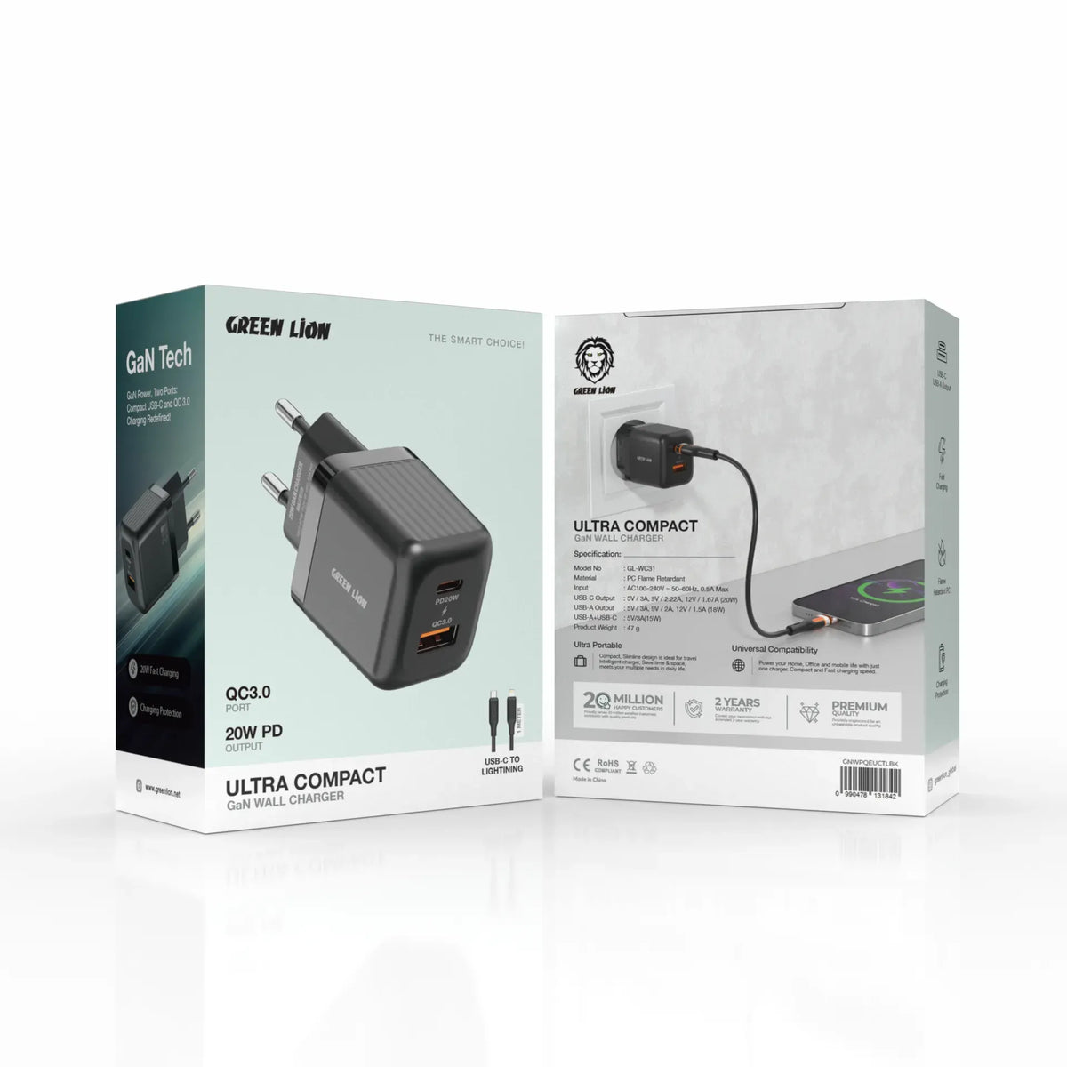 Green Lion Ultra Compact Ga NWall Charger EUPin Cto LPD 20 W+QC 3.0 - Black