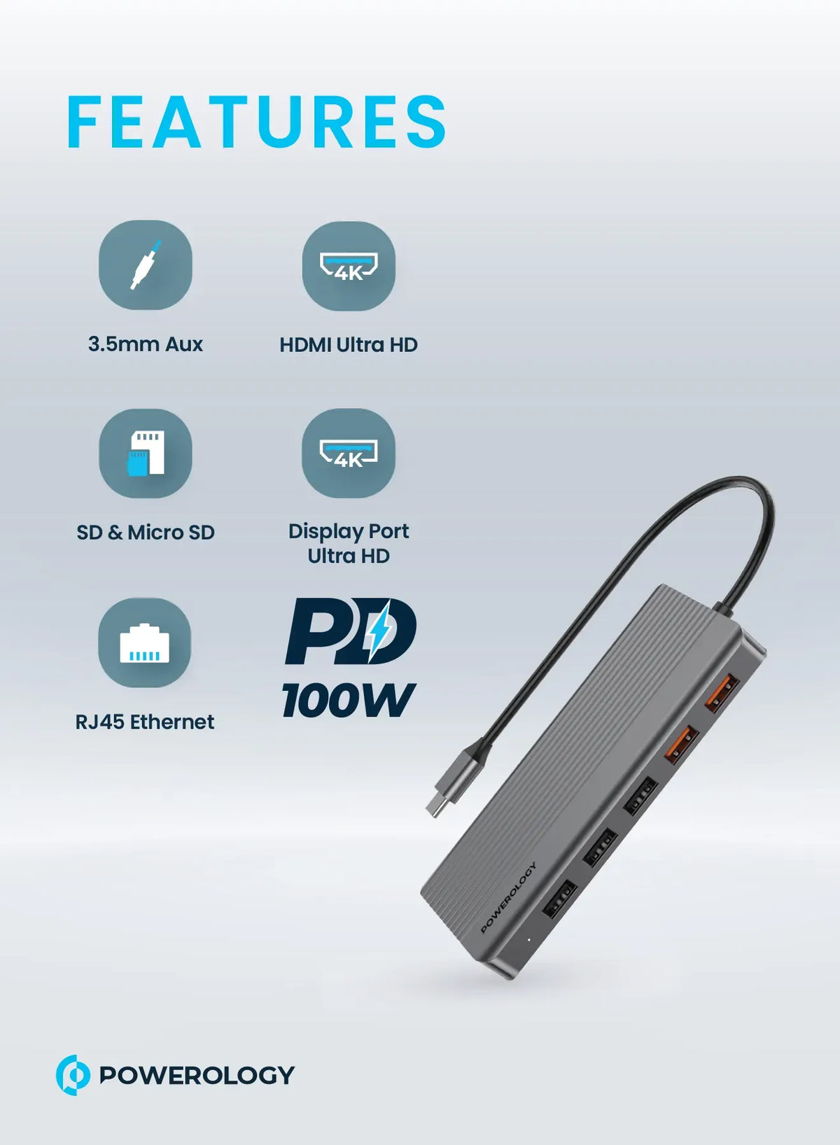 Powerology 12 in 1 Hdmi Displayport USB C Hub Ethernet Gray – image 5