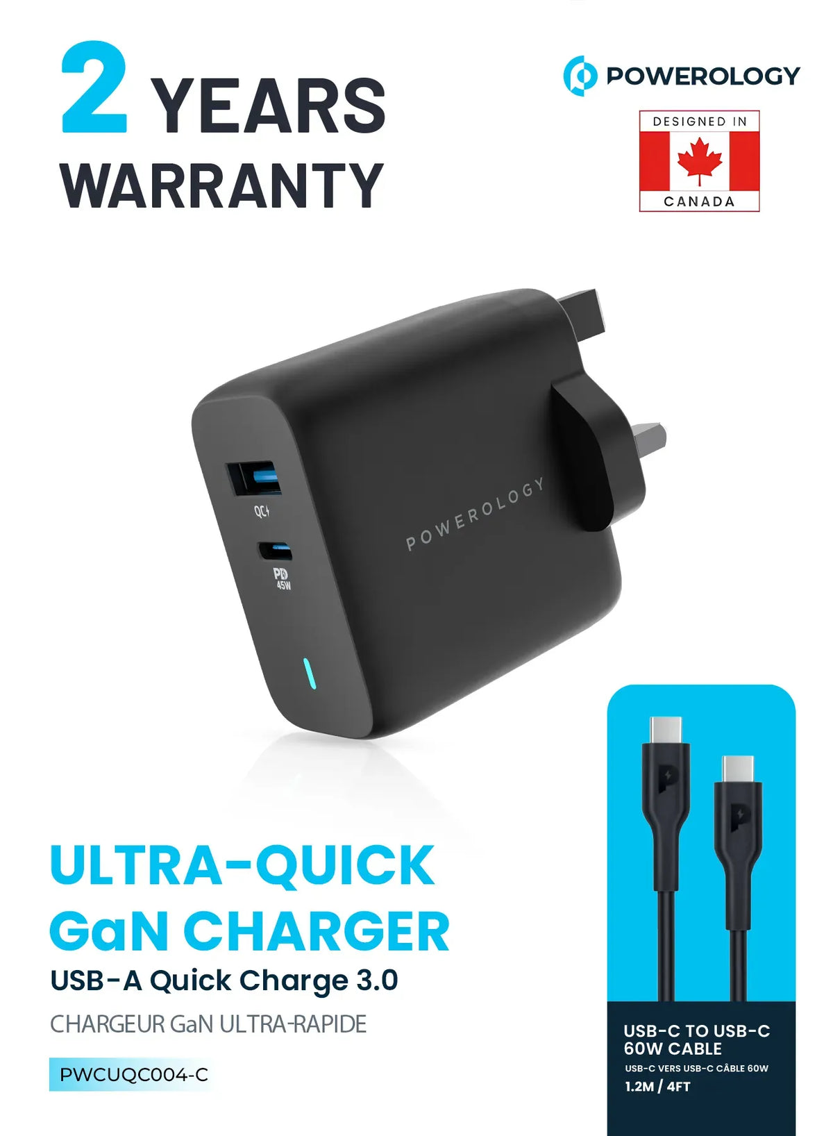 Powerology 63w Ultra Quick Gan Charger 45w PD USB A Quick Charge 18wqc3 0 with 60w Type C to Type C Cable – image 5