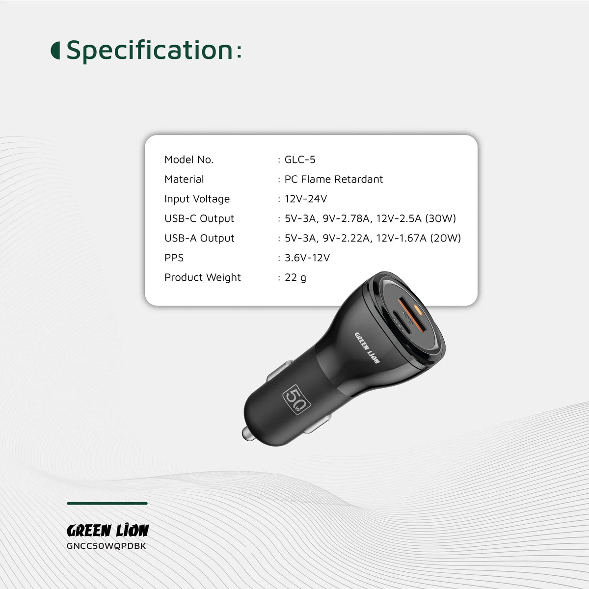 Green Lion Dual Port Car Charger 50 W(PD 30 W+QC 20 W) - Black – image 7