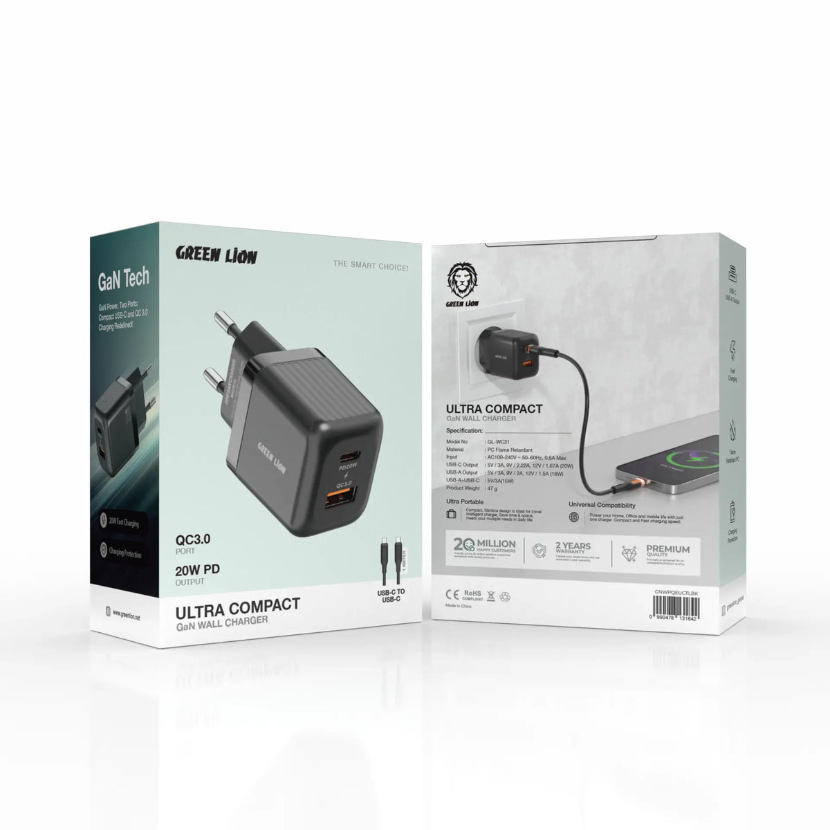 Green Lion Ultra Compact Ga NWall Charger EUPin Cto CPD 20 W+QC 3.0 - Black – image 2