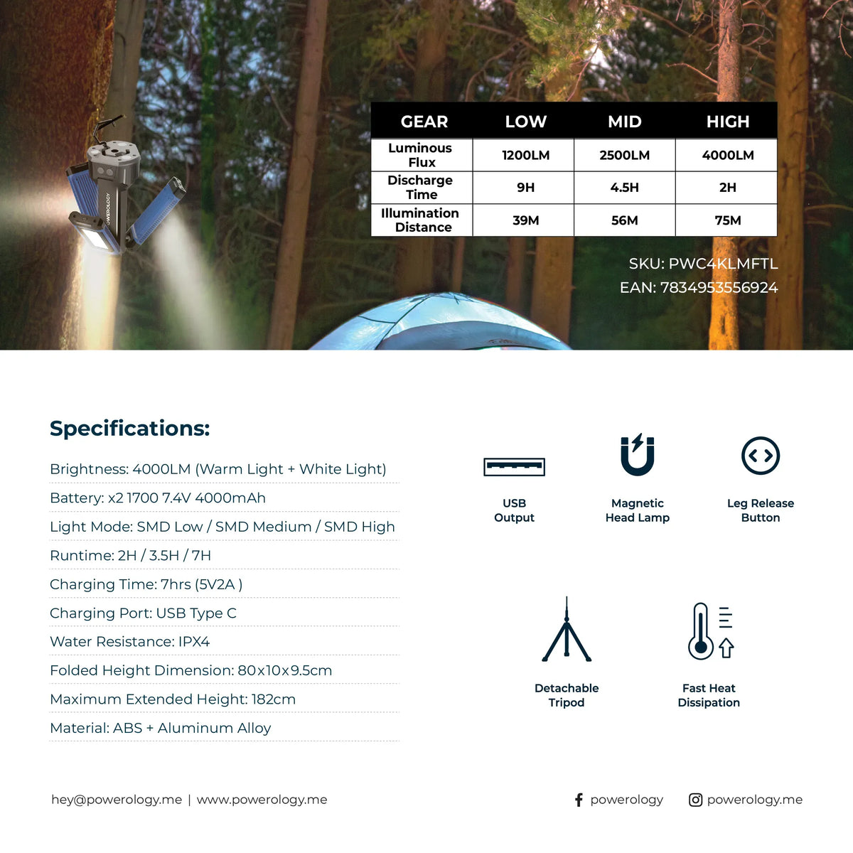 Powerology Camping 4000lm USB C Foldable Tripod Worklight Ipx4 4000mAh Black – image 7