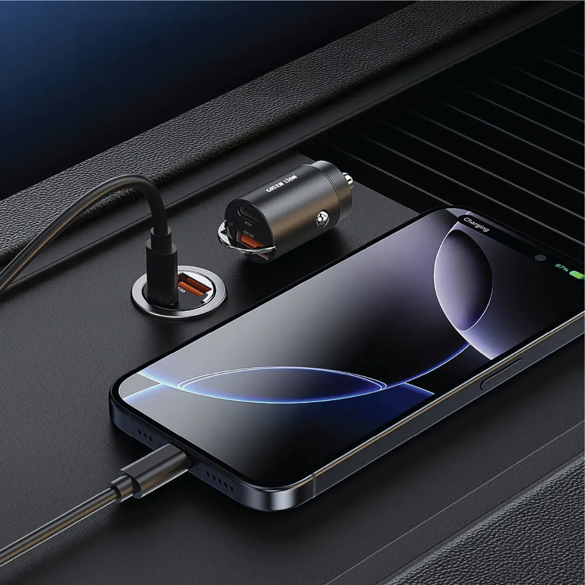 Green Lion Ring Charge Dual Port Car Charger PD 36 WCto L 1 m Cable - Black – image 6