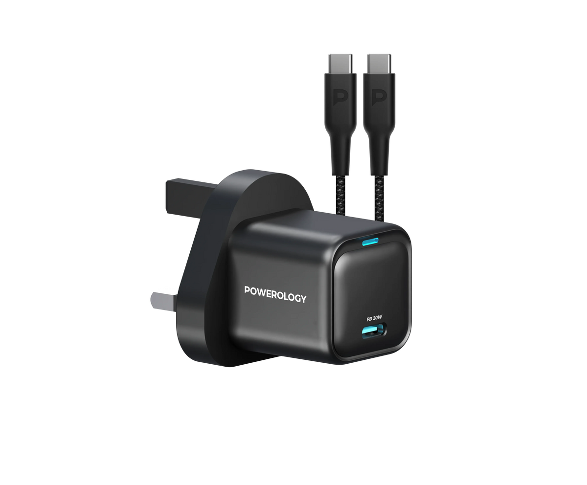 Powerology 20w Single C Port PD Charger Uk with Type C to C 60w Cable Black – image 1