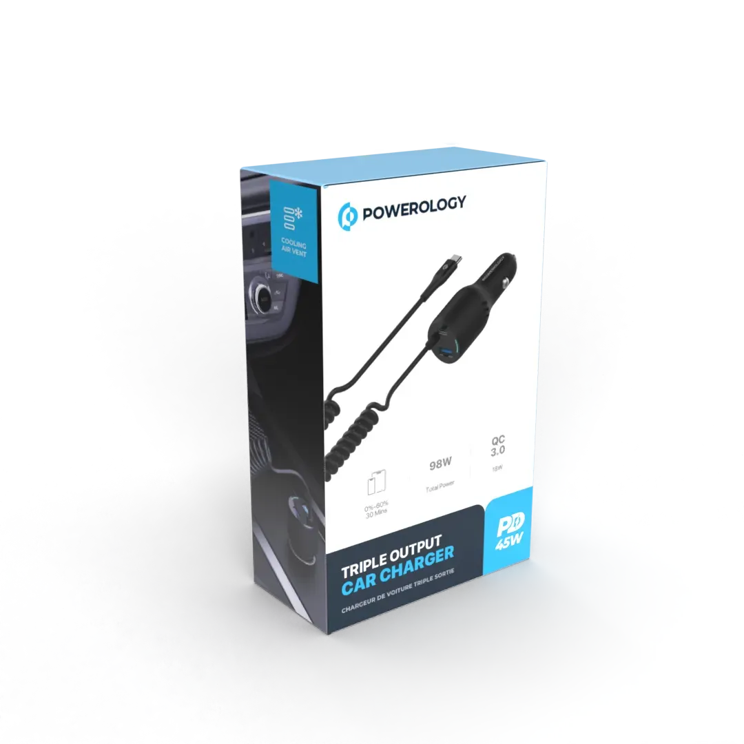 Powerology Pd45w Qc18w Type Ccable 35w LED Dual Ports Car Charger with Coiled Cable Black – image 7