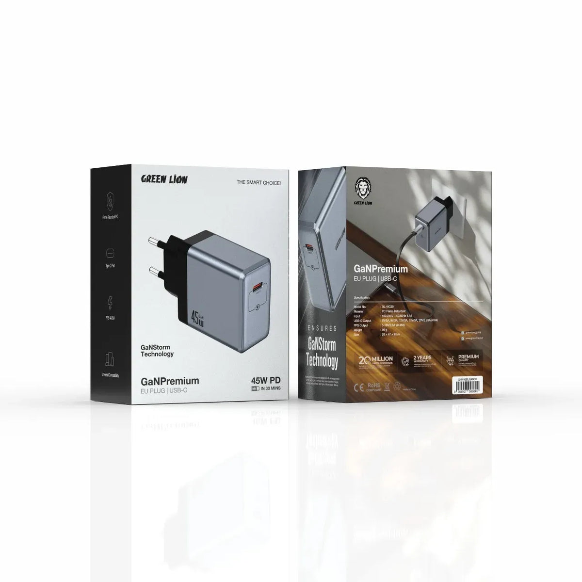 Green Lion Gan Premium Eu Plug Wall Charger PD 45w Gray – image 2