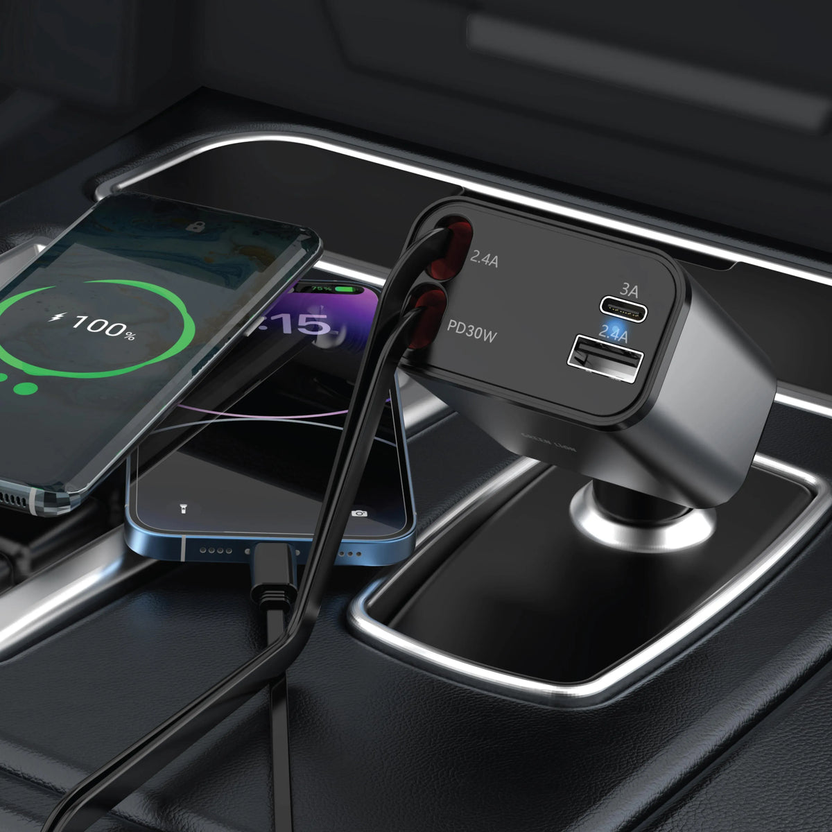 Green Lion Retractable 50w Car Charger Black – image 4