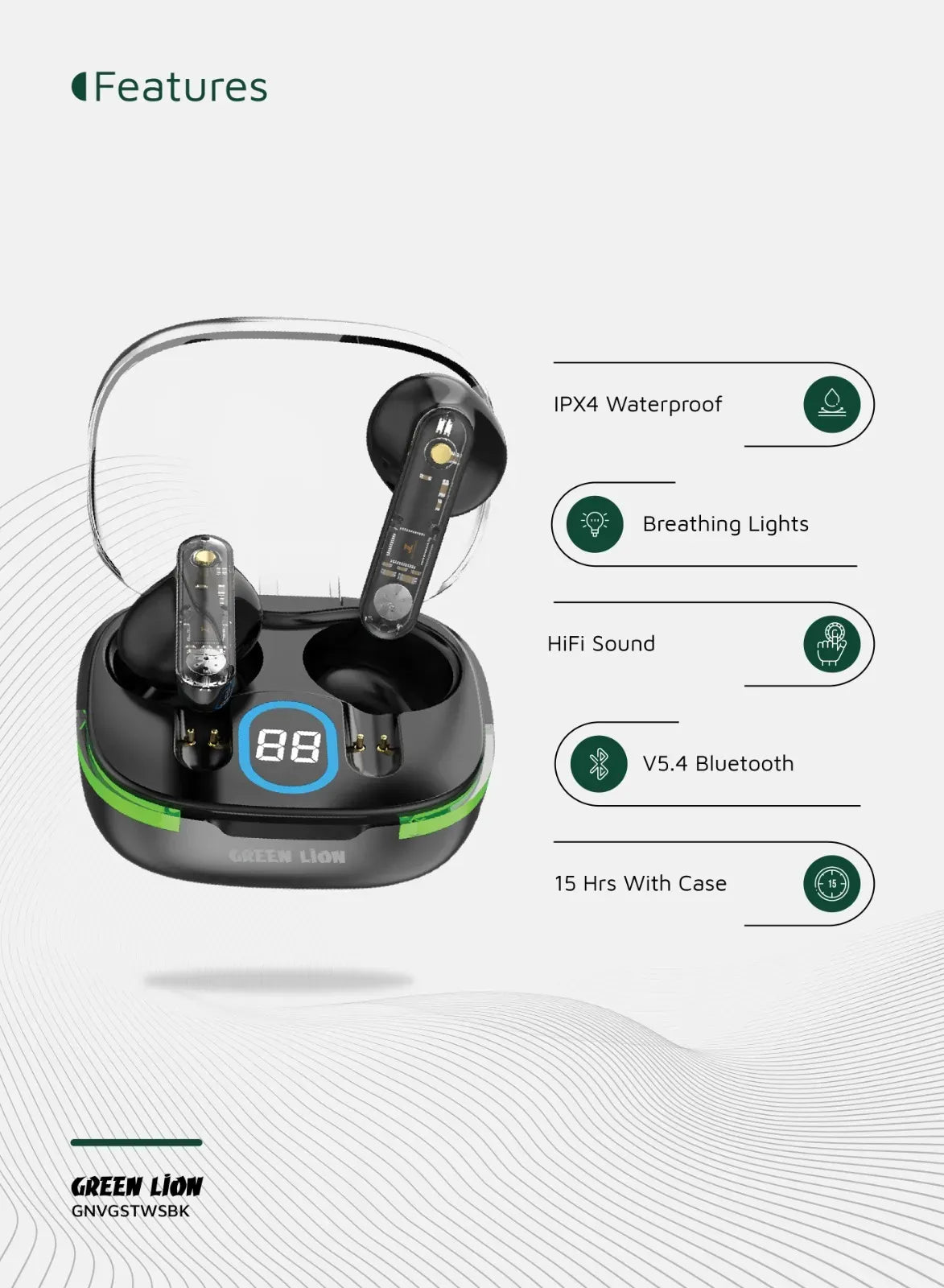 Green Lion Vegas True Wireless Earbuds Black – image 12
