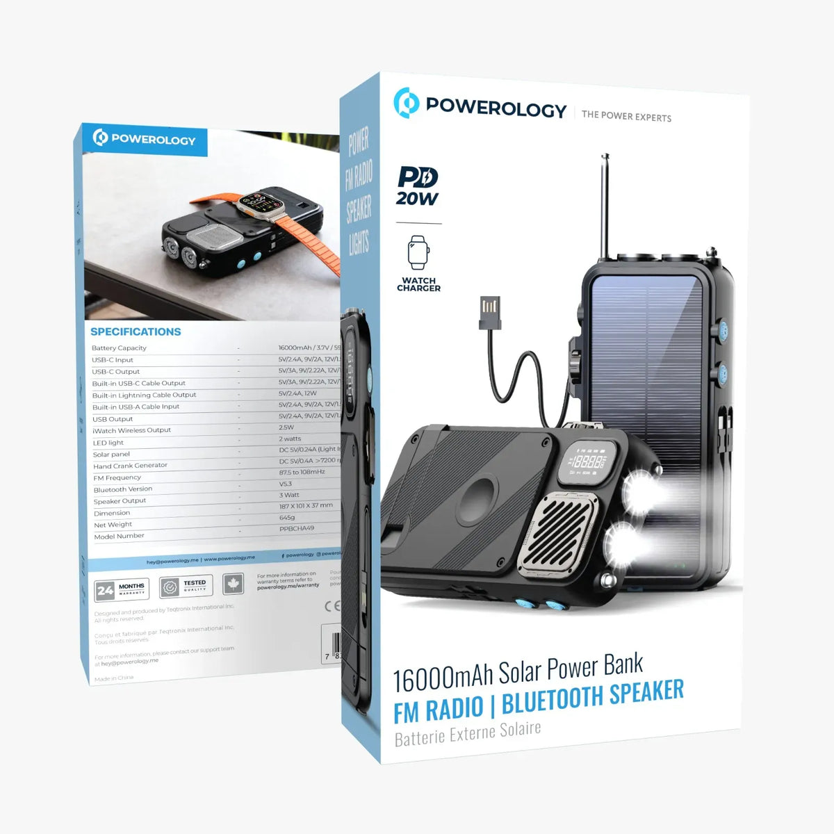 Powerology 16000mAh Solar Power Bank with Fm Radio Speaker and Lights Black – image 8