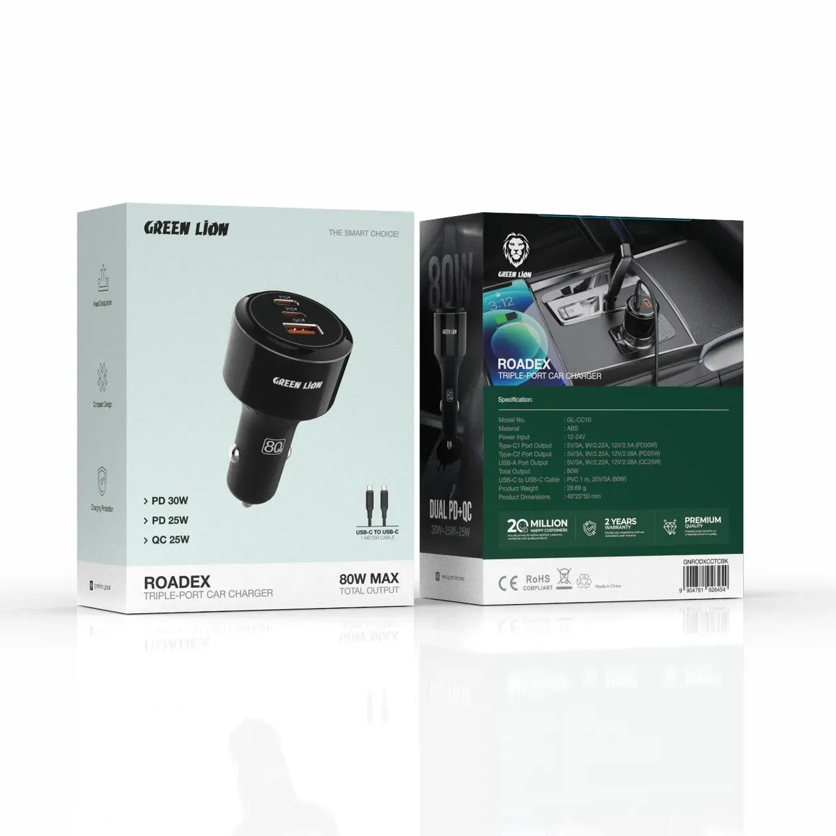 Green Lion Roadex Triple Port Car Charger 80 WCto C 1 m Cable - Black – image 2
