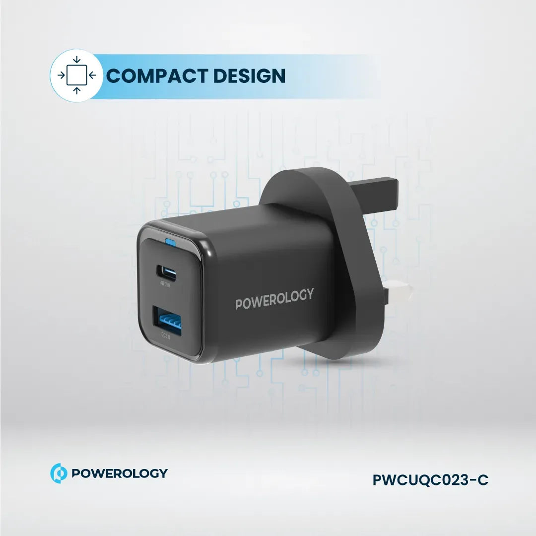 Powerology 35w PD QC 1xusb C 35w and 1xusb A 18w Gan Charger Uk with Type C to C 60w Black – image 2