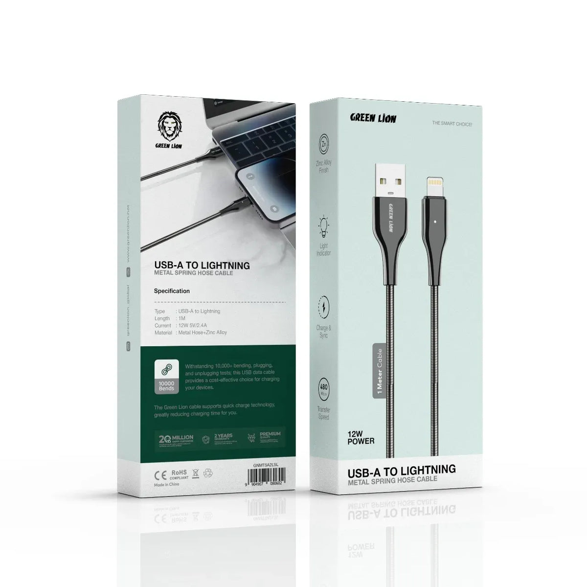 Green Lion USB A to Lightning Metal Spring Hose Cable Silver – image 4