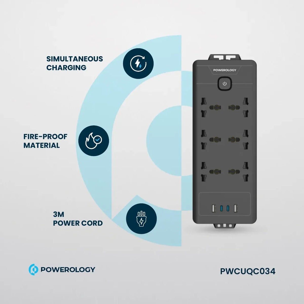 Powerology 6ac 2500w Power Strip Black – image 15