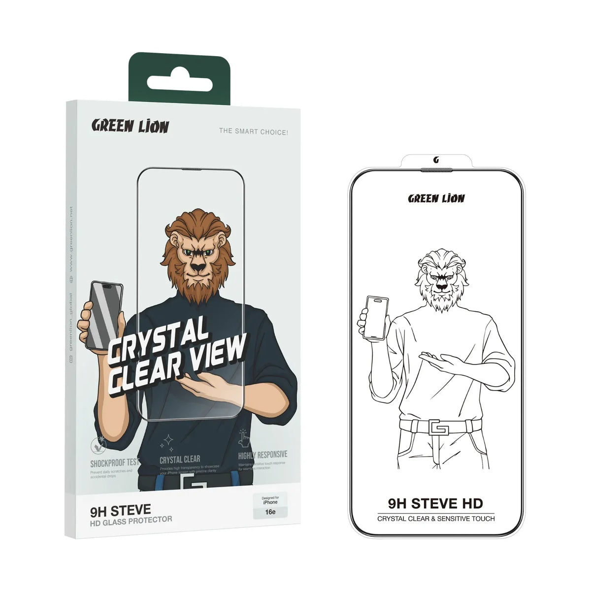 Green Lion 9h Steve HD for Iphone 16e Clear – image 2