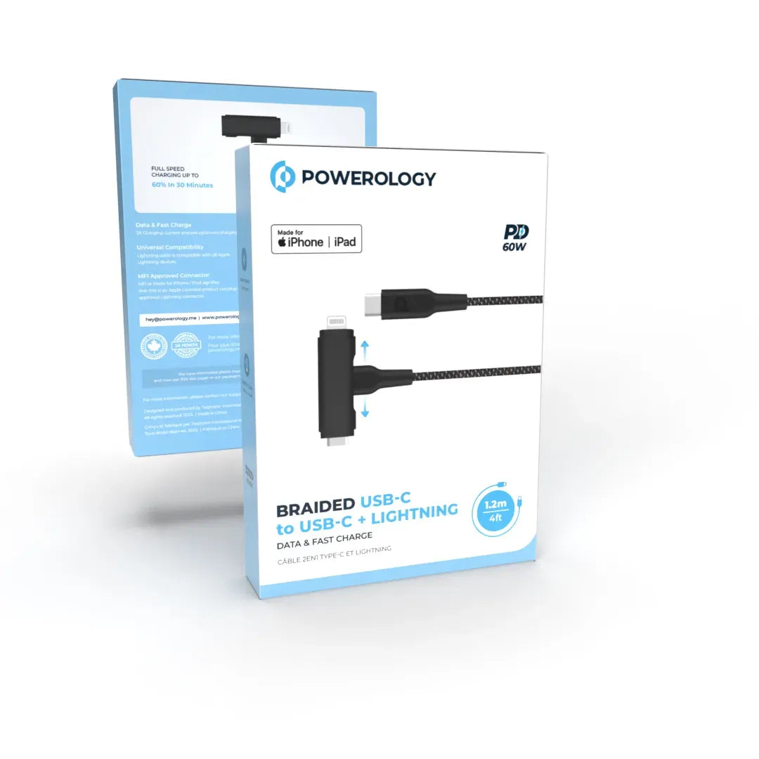 Powerology Braided USB-C to USB-C +Lightning Data&Fast Charge 1.2 m/4 ft - Black