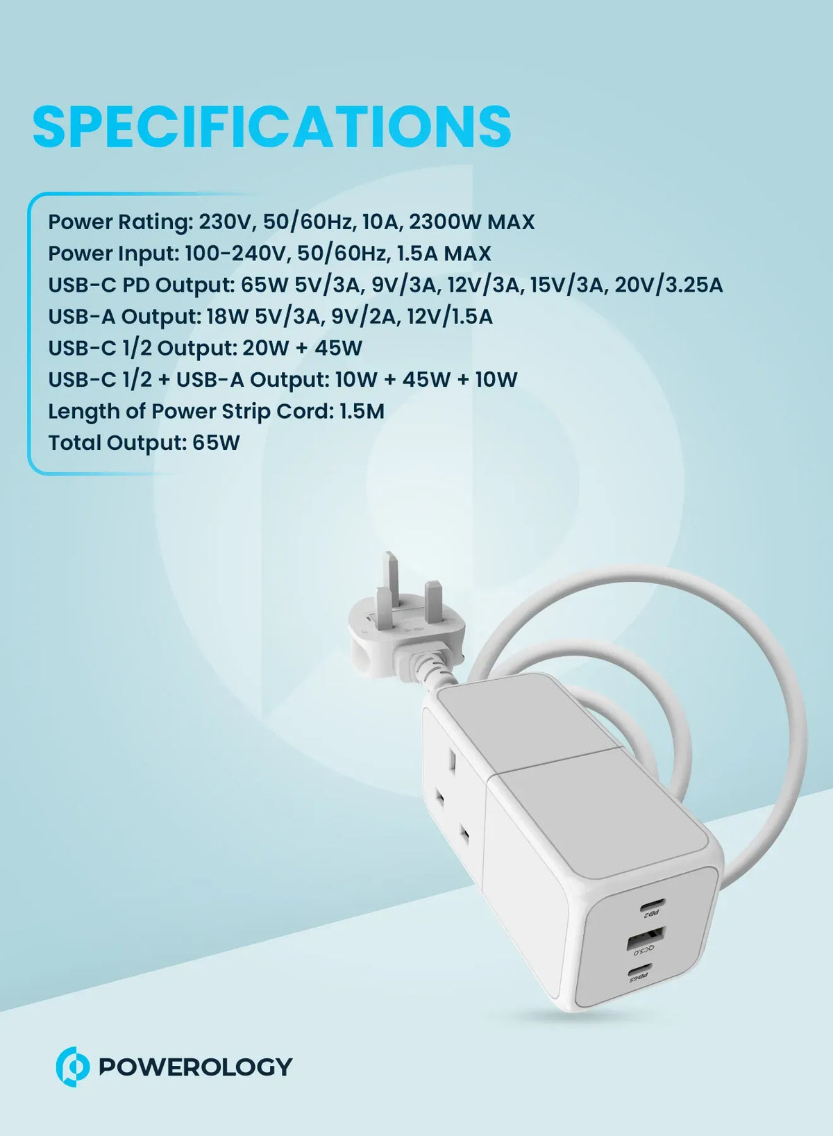Powerology 65 WPower Strip With Dual Power Sockets - White – image 8
