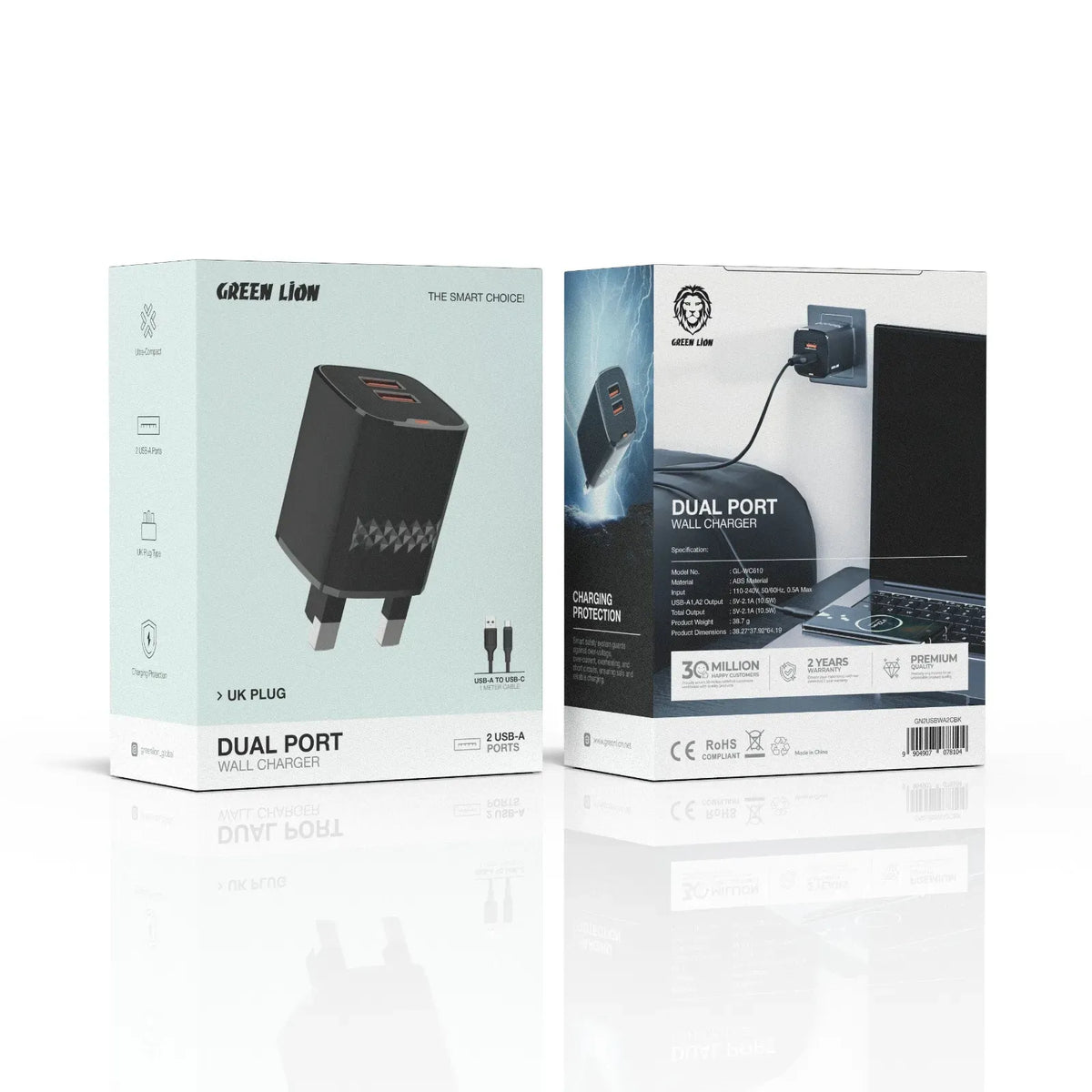 Green Lion Dual Port Wall Charger UKPlug 2 USB-A Port USB-Ato USB-C 1 m Cable - Black