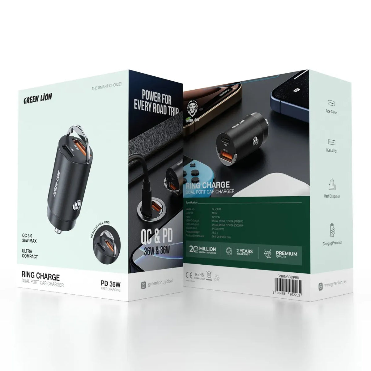 Green Lion Ring Charge Dual Port Car Charger PD 36 W - Black – image 3