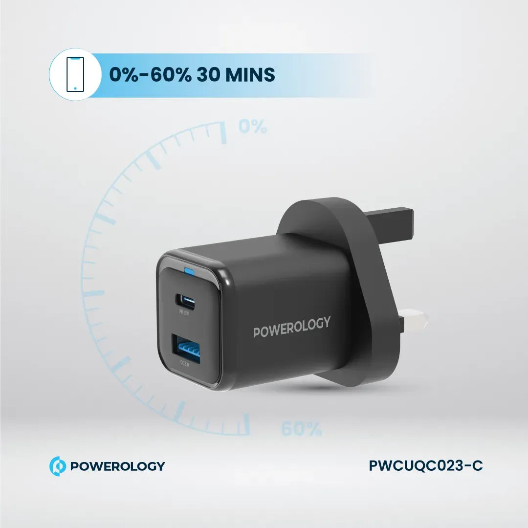 Powerology 35w PD QC 1xusb C 35w and 1xusb A 18w Gan Charger Uk with Type C to C 60w Black – image 3
