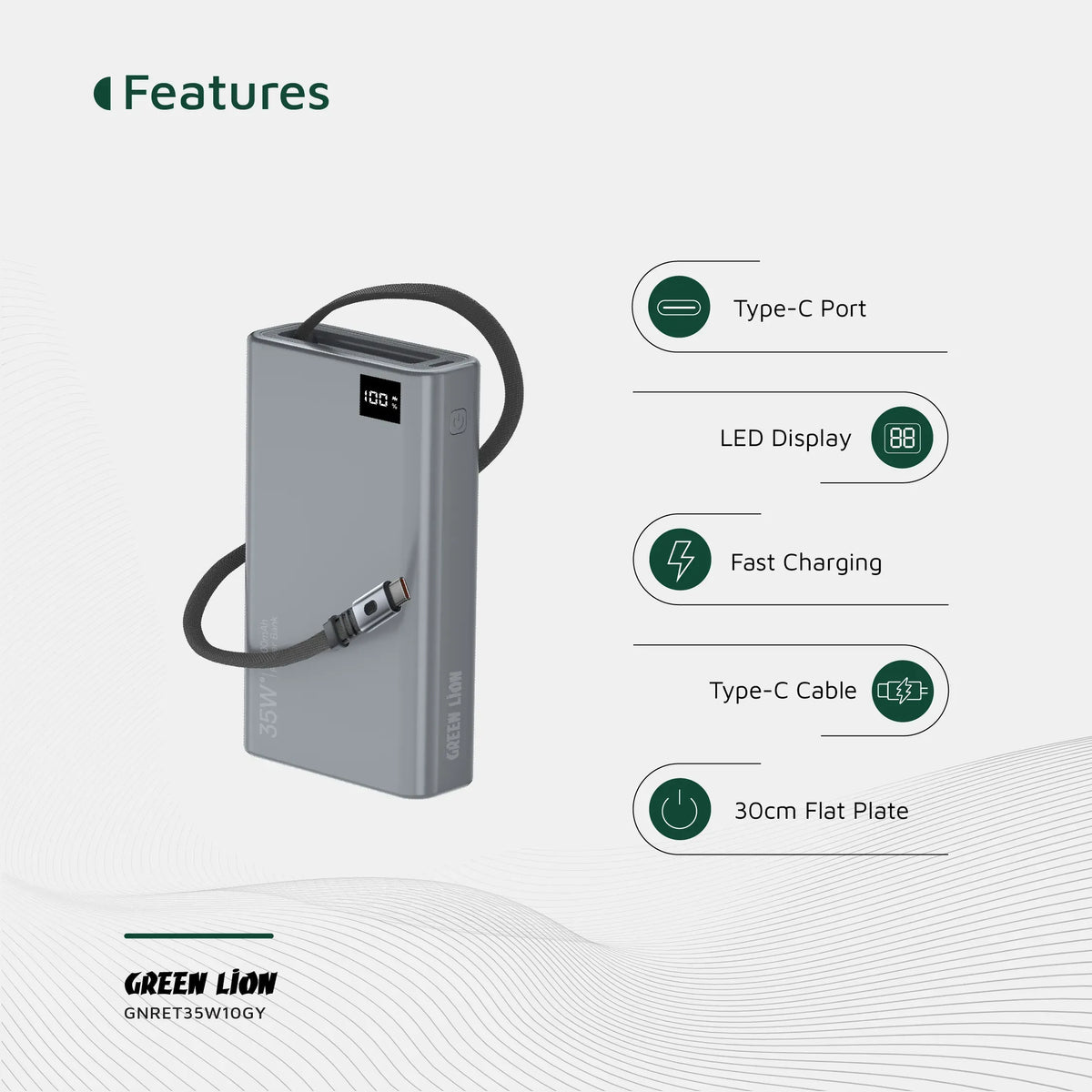 Green Lion Retractable Power Bank 35 W 10000 m Ah - Grey – image 7