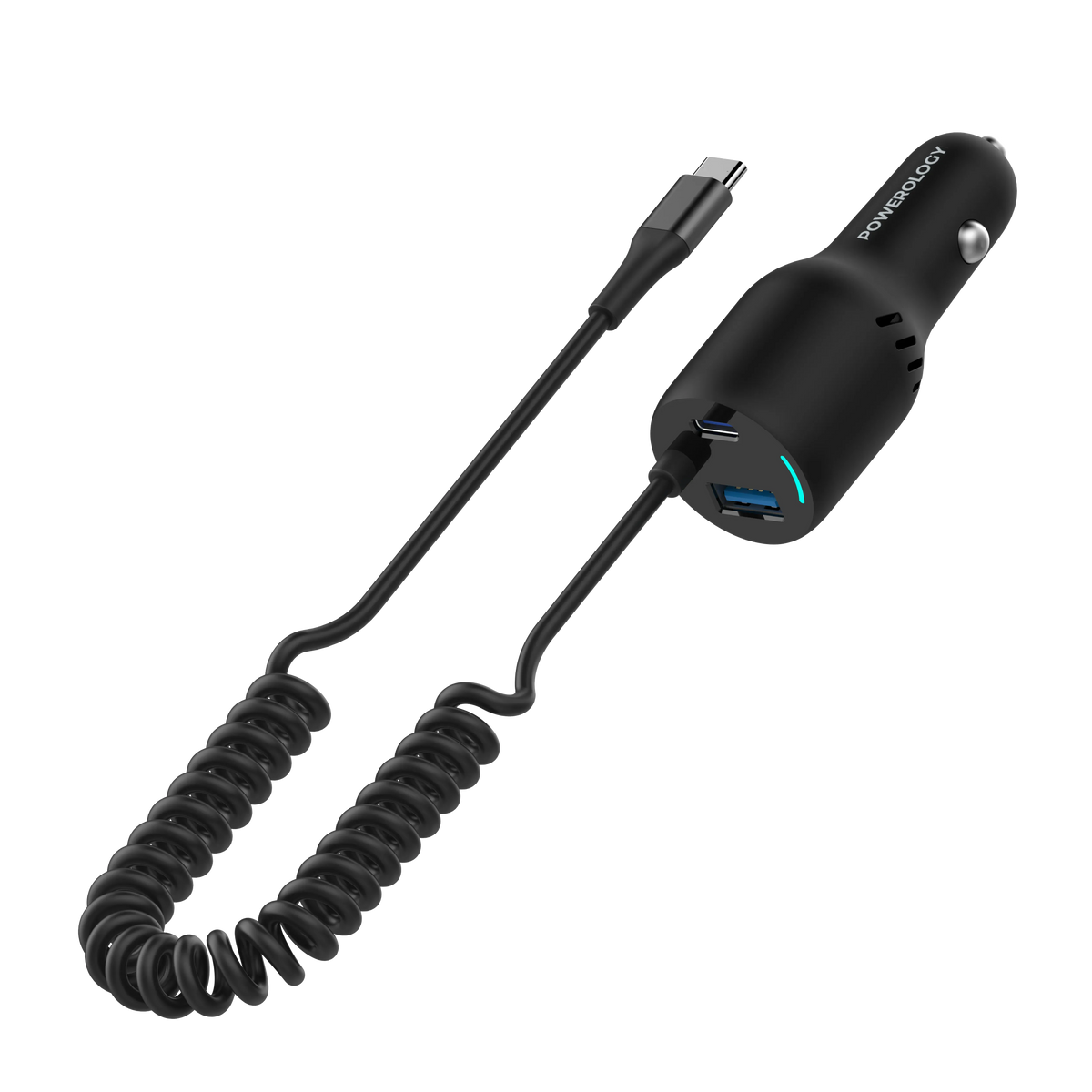 Powerology Pd100w Qc18w Type Ccable 20w LED Dual Ports Carcharger with Coiled Cable Black – image 4