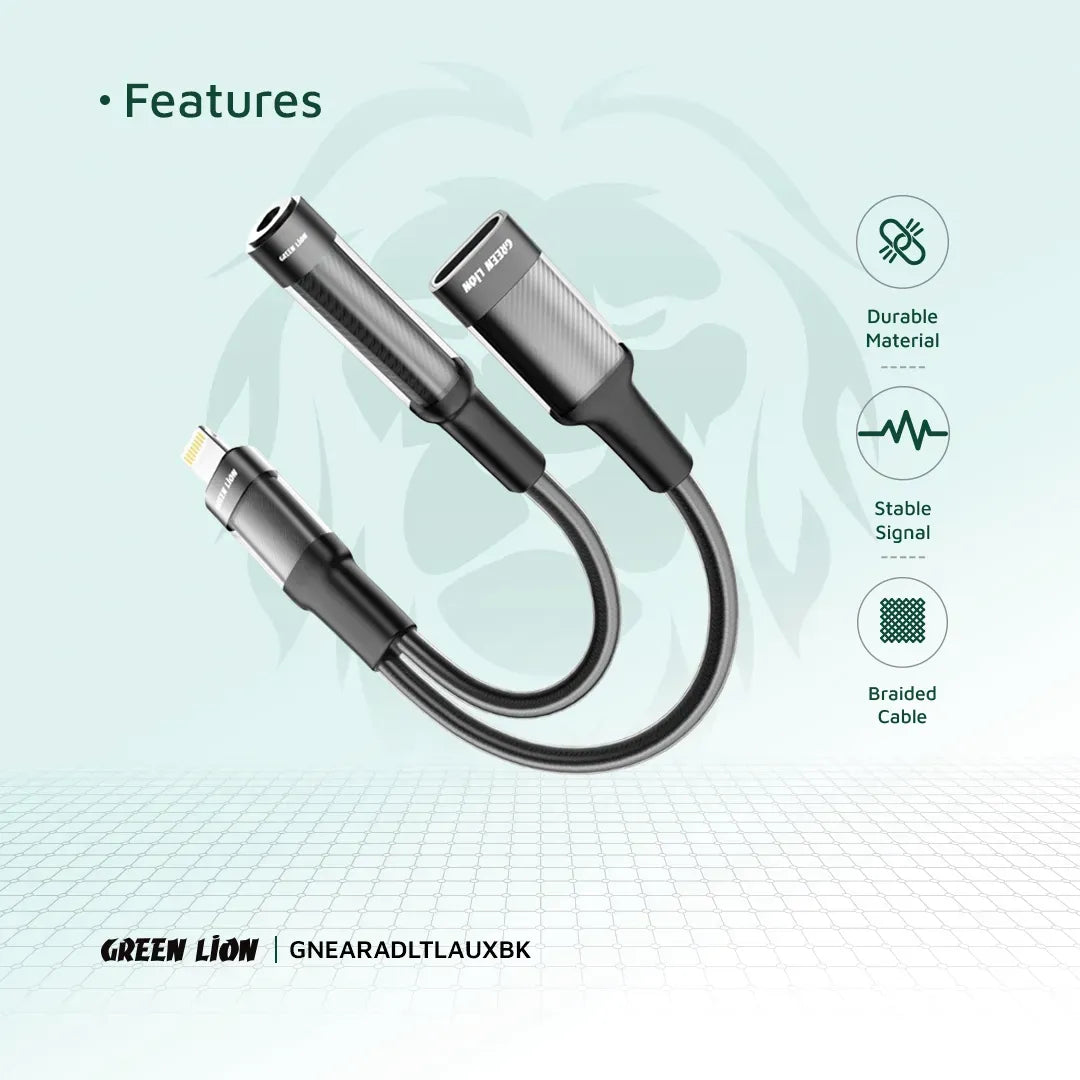 Green Lion 2 in 1 Earphone Charging Adapter Lightning to Lightning 3 5 12cm Black – image 7