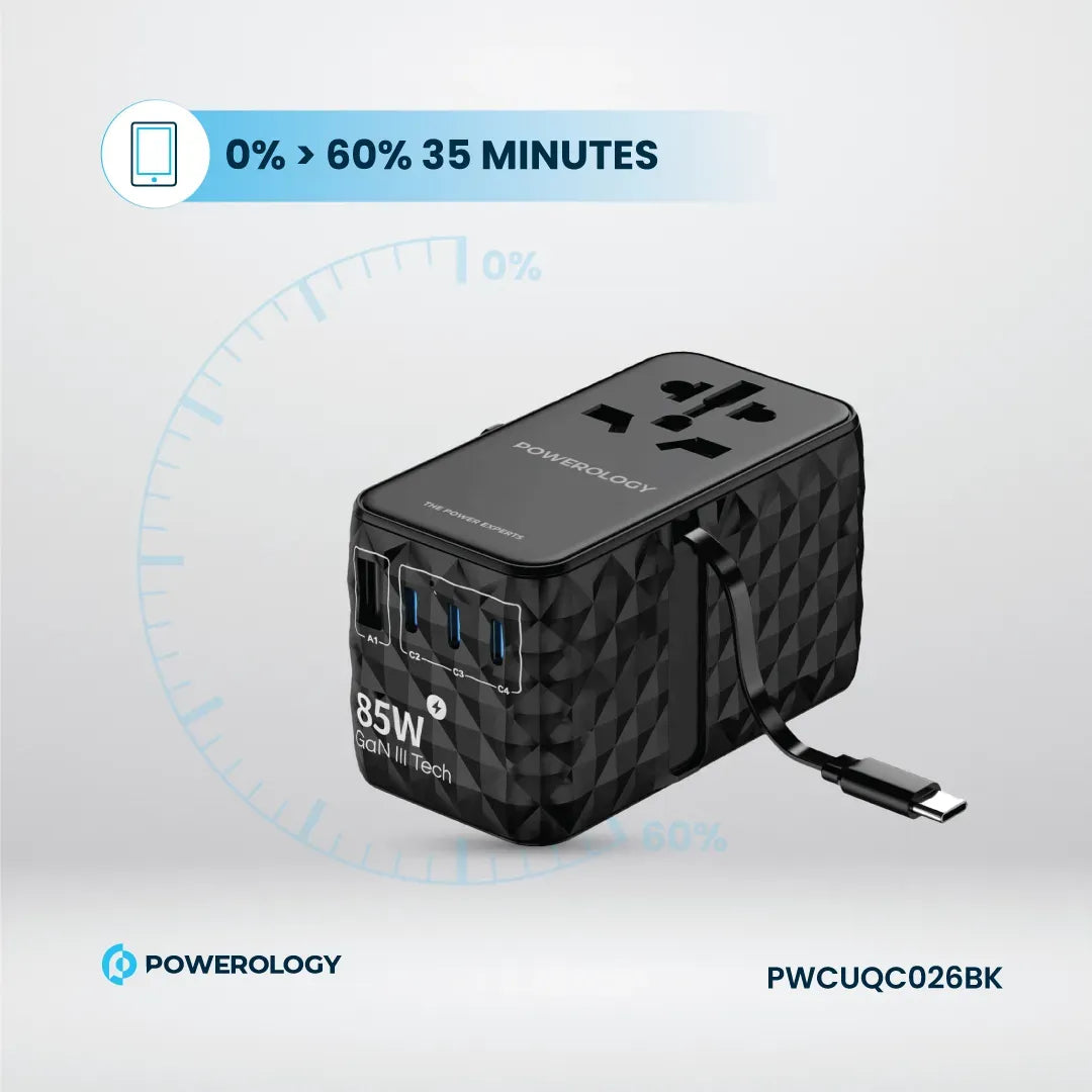 Powerology Universal Ga N 85 W Super Charger Retractable Type-C Cable - Black