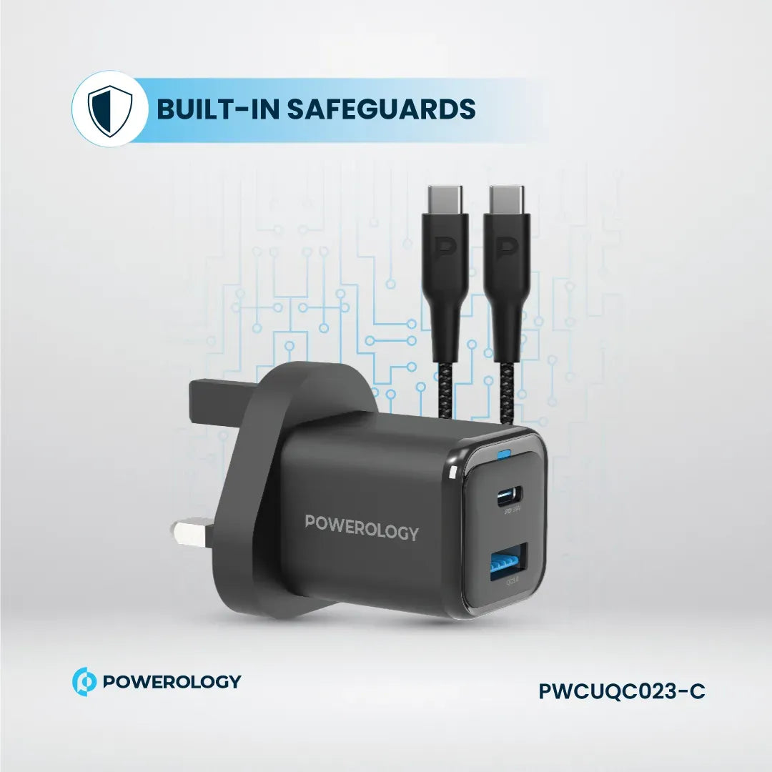 Powerology 35w PD QC 1xusb C 35w and 1xusb A 18w Gan Charger Uk with Type C to C 60w Black – image 5