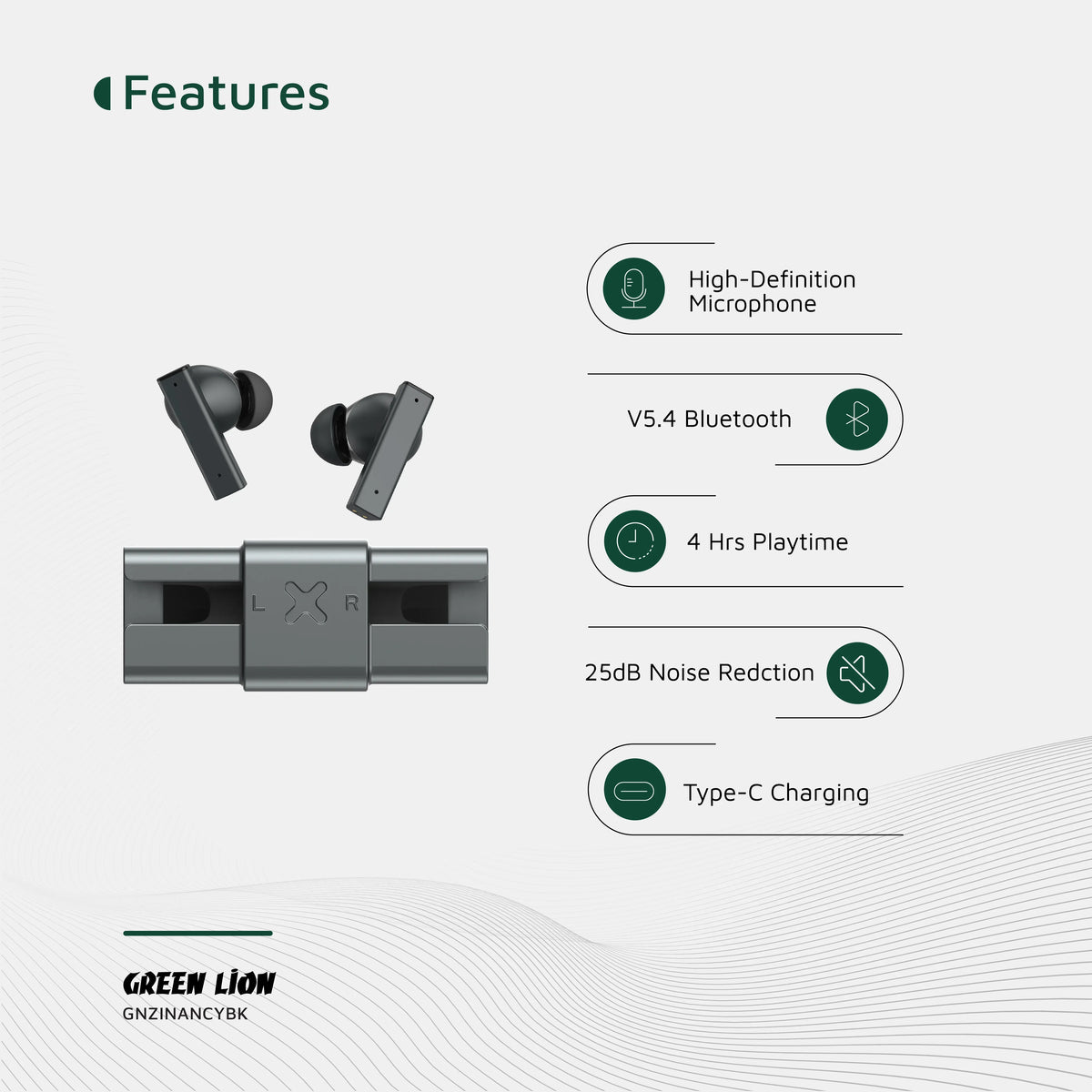 Green Lion Zinc Y Metal Earbuds Tws with Anc Black – image 14