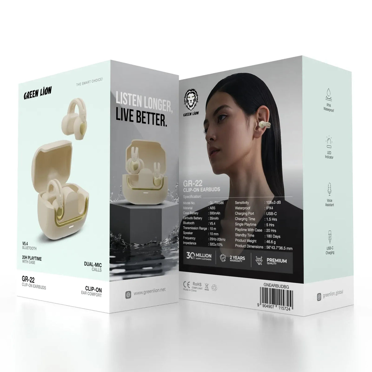 Green Lion GR-22 Clip-On Earbuds - Beige – image 2