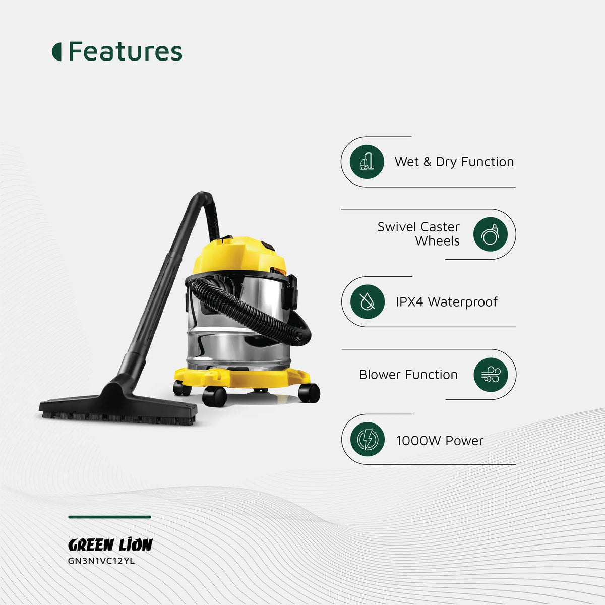 Green Lion Ultra 3 In 1 Vacuum Cleaner 12 L 1000 W - Yellow – image 7