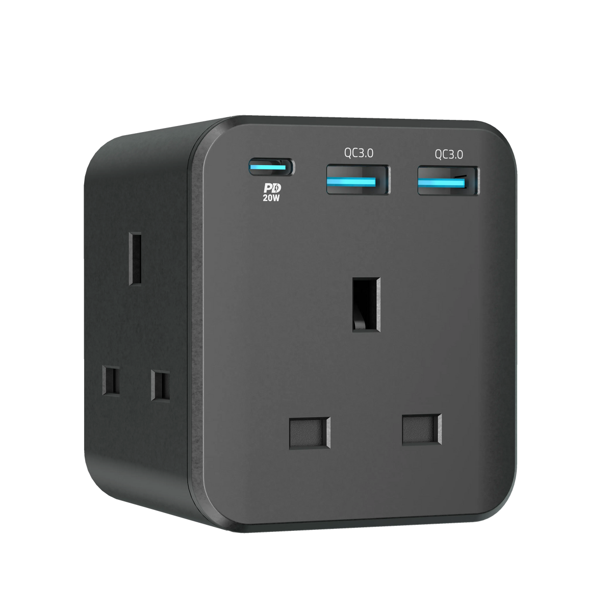 Powerology 3-Outlet Wall Socket With Fast Charging USB -Charge 0%-60% in 35 Minutes for Phoneand Tablets* -Dual Port QC 3.0 Outputs and 20 W PD -Multi-Port Wall Socket -Super Compact -Smart Design - Black
