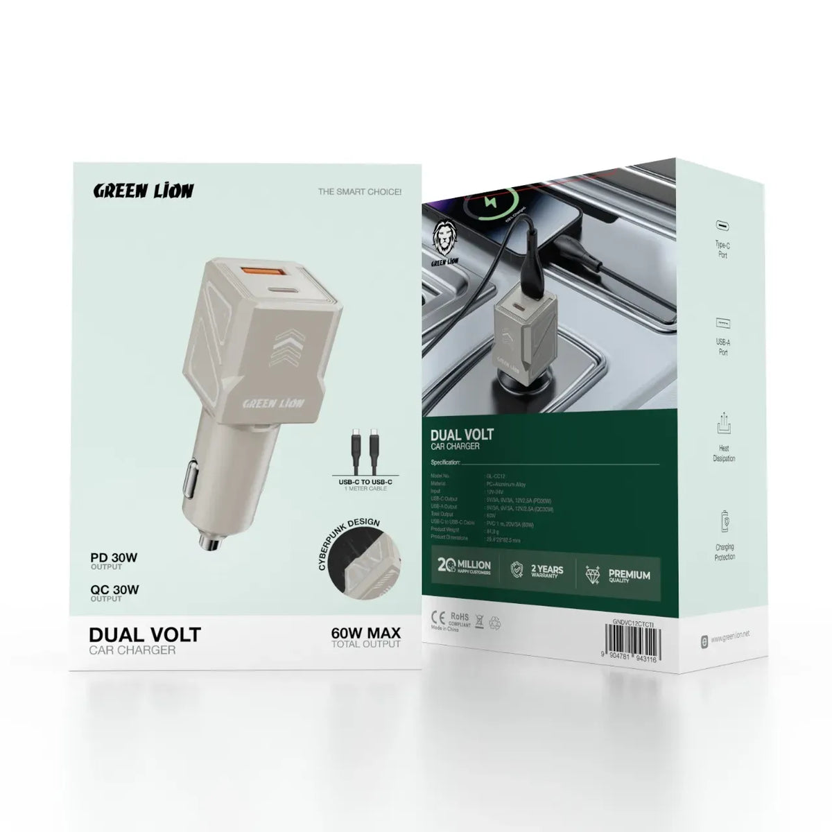 Green Lion Dual Volt Car Charger PD+QC 60 WCto C 1 m Cable - Titanium – image 7