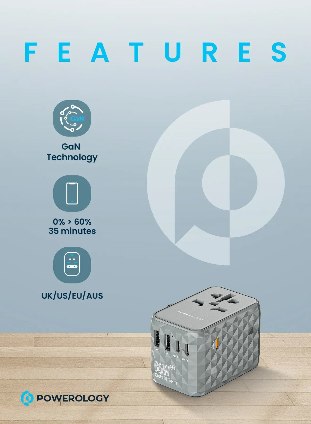 Powerology Universal Multi-Port Ga N Travel Adapter 3 x Type-CWith 2 x USB-A Ports 65 W PD - Gray – image 18
