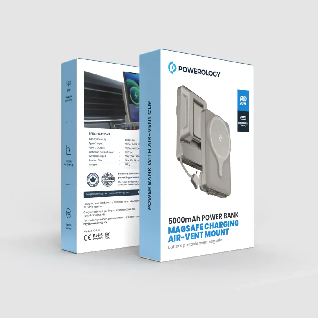 Powerology 5000 m Ah Power Bank MagSafe Charging Air-Vent Mount - Titanum