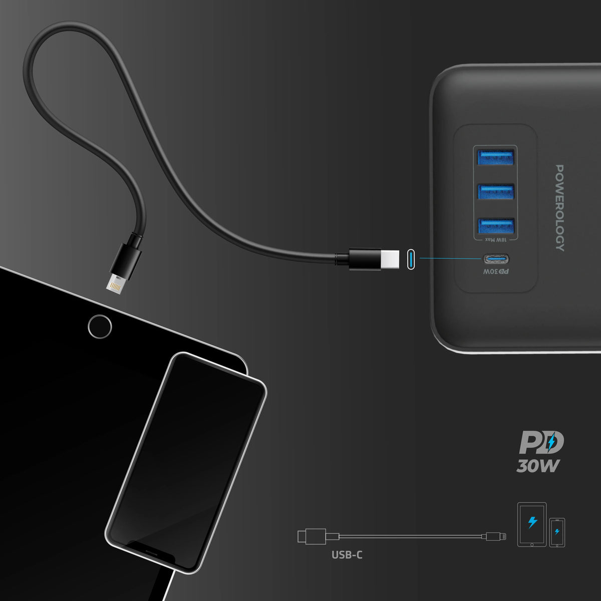 Powerology 48w 6ac 1x PD USB C and 3x QC USB A Power Strip with Uk Plug Black – image 1
